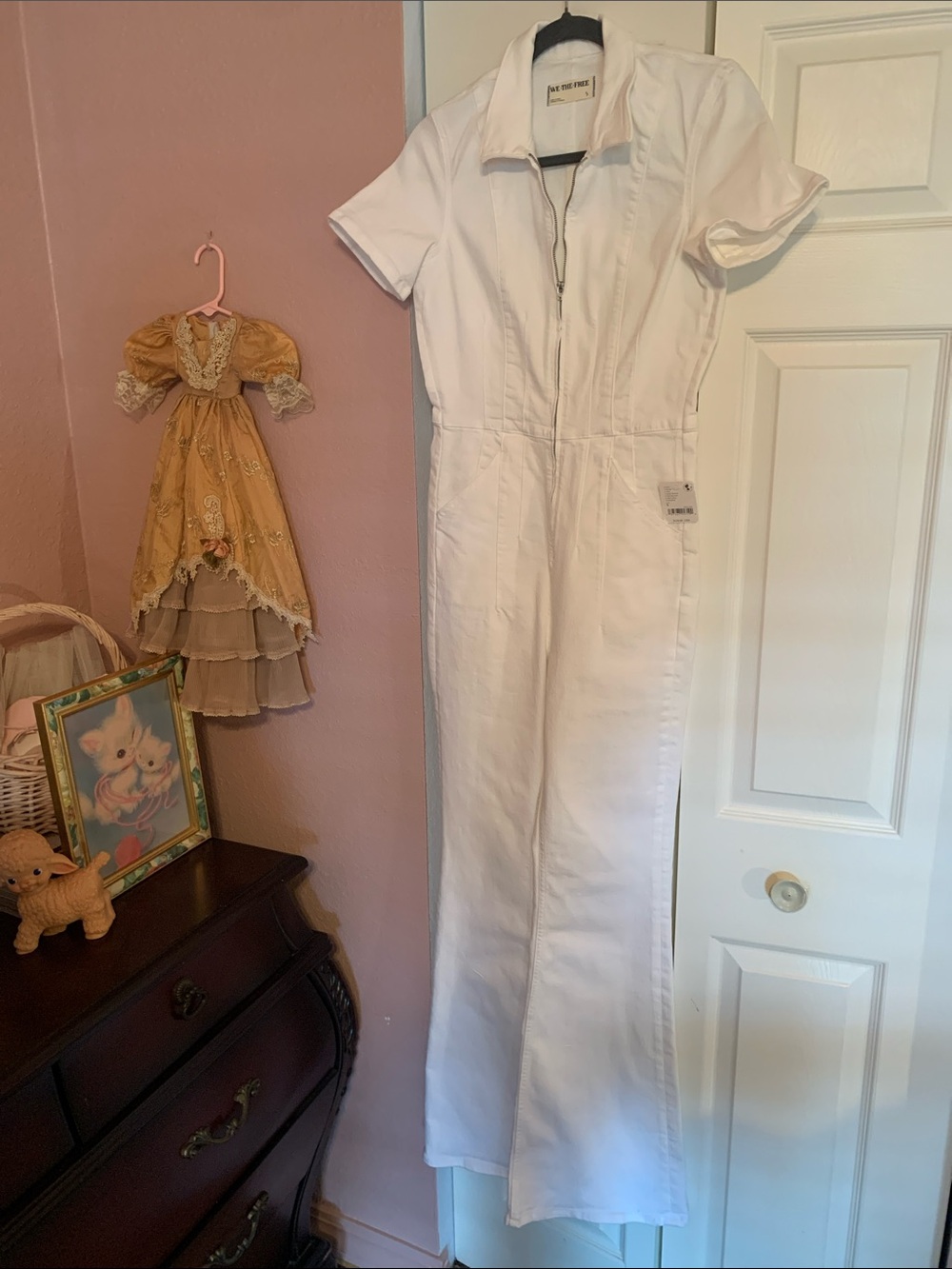 FREE PEOPLE NWT Jayde Zip Up Jumpsuit White Denim Flare Leg